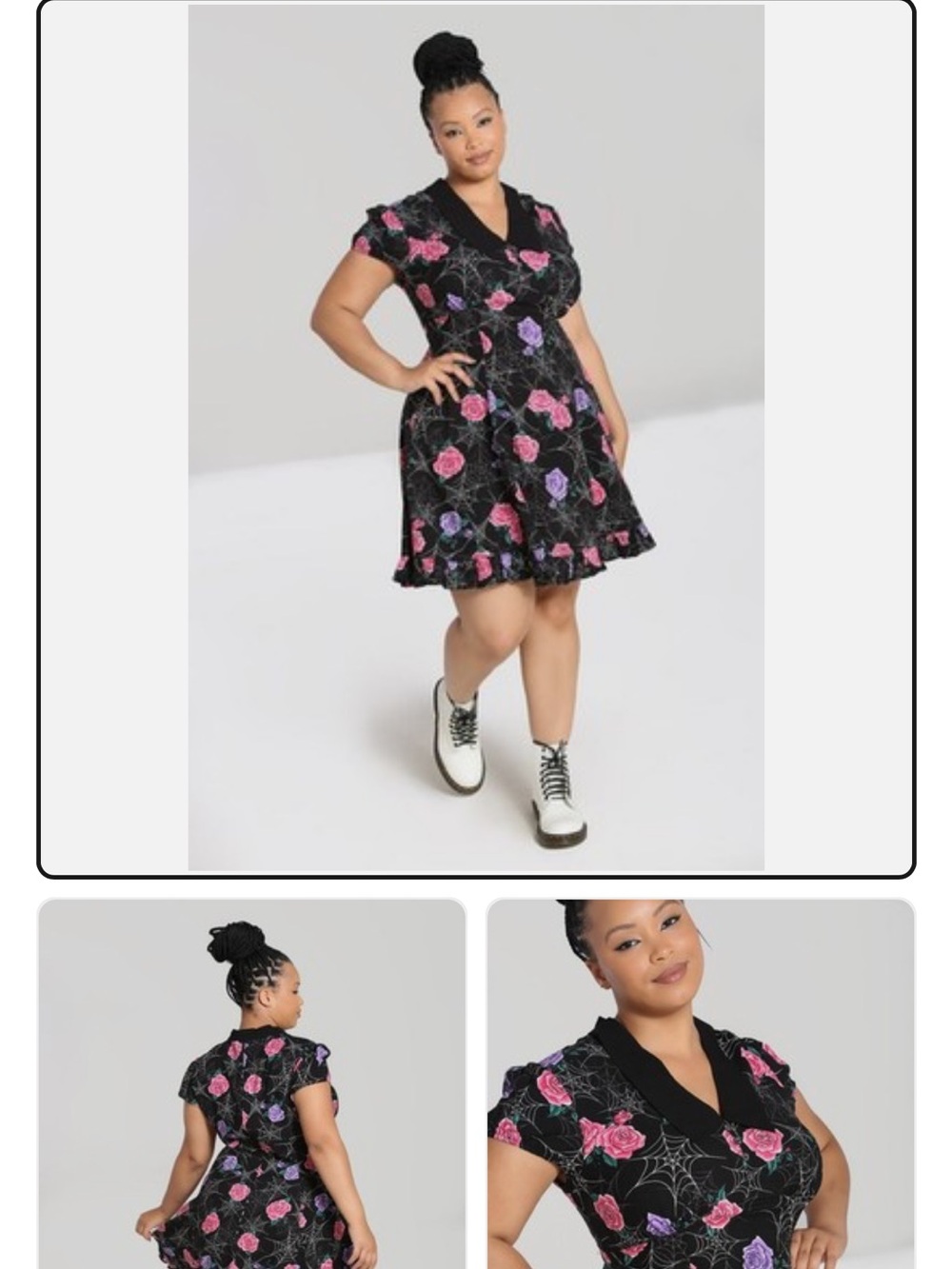 Hell Bunny Black Eloise Mini Dress with Pink and Purple Rose Print and Spiderweb